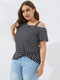 Striped Print Off Shoulder Short Sleeve Plus Size T-shirt for Women - Black