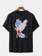 Mens Solid Color Colorful Bird Print Loose Casual Round Neck T-Shirts - Black