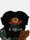 Floral Letters Printed O-Neck Short Sleeve T-shirt - Black
