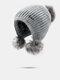 Women Rabbit Fur Knitted Plus Velvet Ear Protection Solid Letter Metal Label Fur Ball Decoration Warmth Beanie Hat - Gray