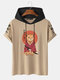 Mens Japanese Warrior Cat Graphic Short Sleeve Hooded T-Shirts - Khaki