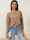 Solid Backless Pearl Long Sleeve Crew Neck T-shirt - Apricot