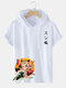 Mens Sushi Cat Graphic Japanese Style Short Sleeve Hooded T-Shirts - White