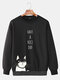 Mens Cat Letter Print Crew Neck Loose Pullover Sweatshirts - Black