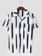 Mens Block Striped Print Revere Collar Short Sleeve Shirts - White