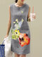 Women Watercolor Lotus Print Crew Neck Sleeveless Dress - Gray