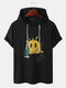 Mens Smile Face & Cactus Print Preppy Short Sleeve Hooded T-Shirts - Black