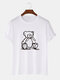 Mens 100% Cotton Cartoon Bear Print O-Neck Casual Short Sleeve T-Shirt - White