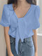 Solid Asymmetrical Tie Puff Sleeve Blouse For Women - Blue