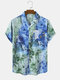 Men Ocean Waves Print Spliced Single Chest Pocket Hawaiian Holiday Shirts - Blue