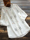 Floral Embroidery O-neck Button Short Sleeve Women Loose Blouse - White