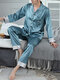Mens Satin Comfy Letter Embroidered Long Sleeve Button Pajamas Set With Pocket - Blue