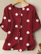 Dot Print Button Front Crew Neck Half Sleeve Blouse - Red