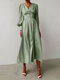 المرأة الصلبة اللون المرقعة نفخة الأكمام الخامس الرقبة فستان كاجوال - أخضر