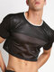 Men Mesh Patchwork Artificial Leather Short Crop Top - Black