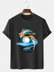 Mens Dolphin Graphic Print 100% Cotton O-Neck Short Sleeve T-Shirt - Black