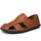 Men Soft Cow Leather Hand Stitching Casual Shoes Hollow Out Sandals - Brown