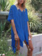 Solid Color Knitting Hollow Loose Beach Blouse - Blue