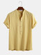 Men 100% Cotton Plain Striped Stand Collar Casual Short Sleeve Henley Shirts - Yellow
