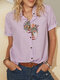 Face Embroidery Turn Down Collar Button Short Sleeve Blouse - Light Purple