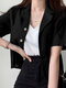 Solid Button Front Lapel Short Sleeve Casual Blazer - Black