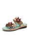 Socofy Genuine Leather Comfy Halcyon Beach Vacation Bohemian Ethnic Floral Decor Slide Sandals - Sky Blue