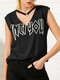 Letters Print Sleeveless Casual Ring Neck Tank Top For Women - Black