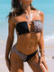 Women Leopard Print Patchwork Plain String Backless Hawaii Bikini - Black
