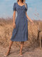 Summer Holiady Women Floral Print Square Collar Short Sleeve Slit Dress - Blue