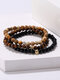 3 Pcs/Set Vintage Trendy Black Frosted Tiger-eye Stone Copper Beads Beaded Elastic Adjustable Bracelets - #01