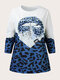 Plus Size Casual Leopard Print Patchwork O-neck Sweatshirt - Blue