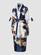 Women Satin Kimono Style Bowknot Shawl Collar Calf Length Soft Robes - Navy