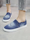 Women Brief Large Size Solid Color Ripped Denim Comfortable Flat Skate Shoes - Dark Blue