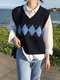 V-neck Color Block Knitted Vest For Women - Black