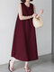 Solid Sleeveless Pocket Casual Crew Neck Dress - Wine Red