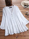Lace Pleated V-neck Long Sleeve Summer Plus Size Blouse - Off White
