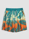 Men Ombre Tropical Leaf Graphic Drawstring Hawaii Style Cool Board Shorts - Green