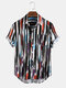 Mens Abstract Striped Print Patch Pocket Short Sleeve Shirts - Red