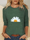 Daisy Print Long Sleeves Casual T-shirt For Women - Green