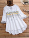 Embroidery Notched Neck Irregular Long Sleeve Button Blouse - White
