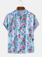 Mens Floral & Birds Print Casual Breathable Summer Short Sleeve Shirts - Blue