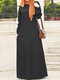 Women Solid Half Button Long Sleeve Muslim Denim Maxi Dress - Black