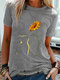 Cat And Sunflower Printed Short Sleeve Casual T-Shirt - Gray