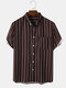Mens Striped Button Down Collar Casual Short Sleeve Shirts With Pocket - Wine Red