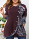 Plus Size Vintage Paisley Pattern Patchwork Button Loose T-shirt - Wine Red