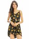 Women Casual Loose Sunflower Print Spaghetti Strap Backless O-neck Jumpsuit - Black