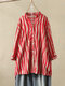 Stripe Print Stand Collar 3/4 Length Sleeve Button Women Blouse - Red