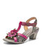 Socofy Holiday Calico Opened Hook&Loop Adjustable Hollow Out Leather Chunky Heel Sandals - Rose