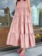 Women Solid Tiered Design Crew Neck Casual Sleeveless Dress - Pink