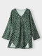 Splited Polka Dot Print Long Sleeve Casual Dress For Women - Green